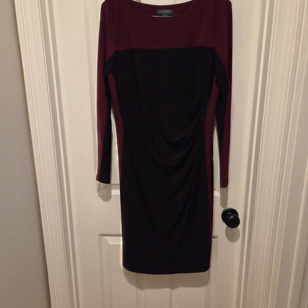 Rakph Lauren Red and Black Sheath Dress with Long Sleeves